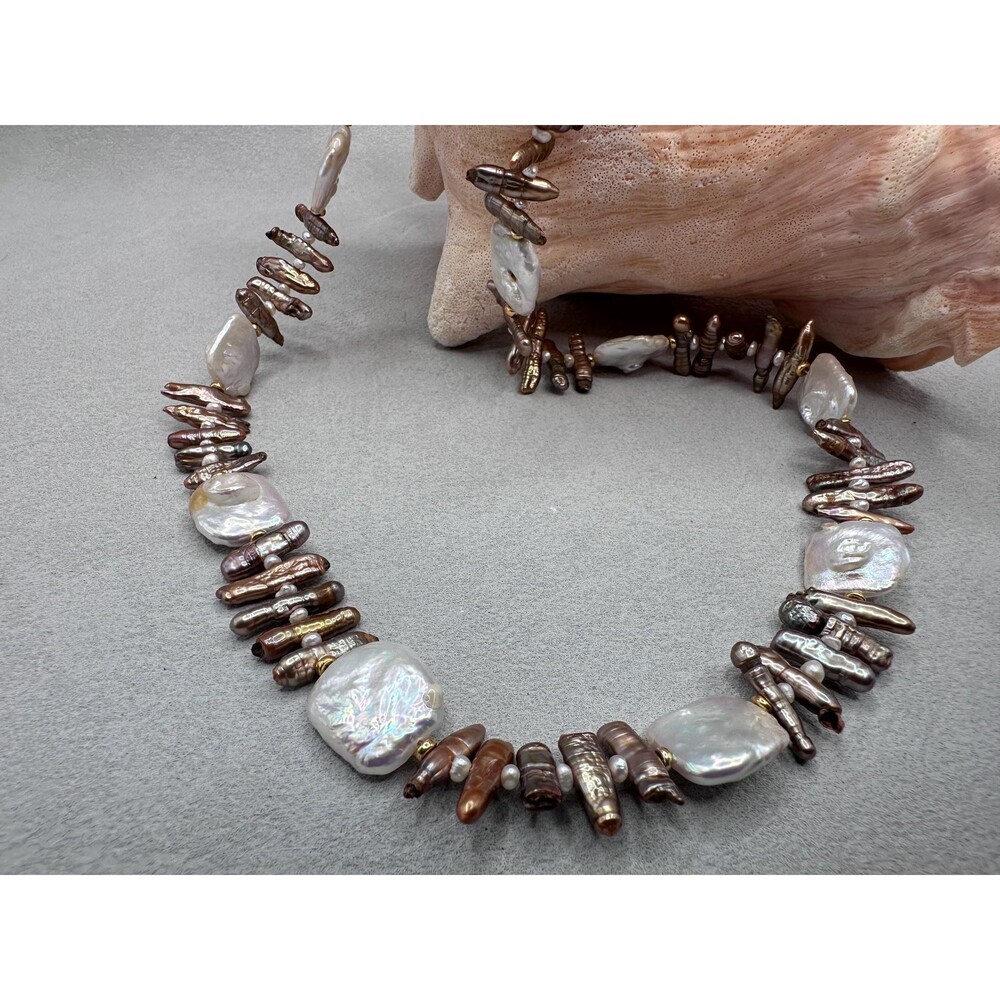 Handmade Freshwater Pearl Necklace: Biwa Stick and Square White Pearls